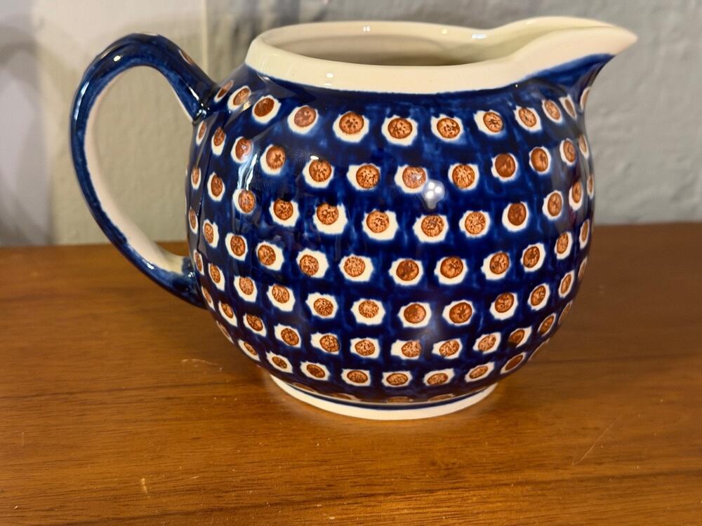 Boleslawiec Polish Pottery Creamer Jug Hand Made Poland Blue White Polka Dot Eye
